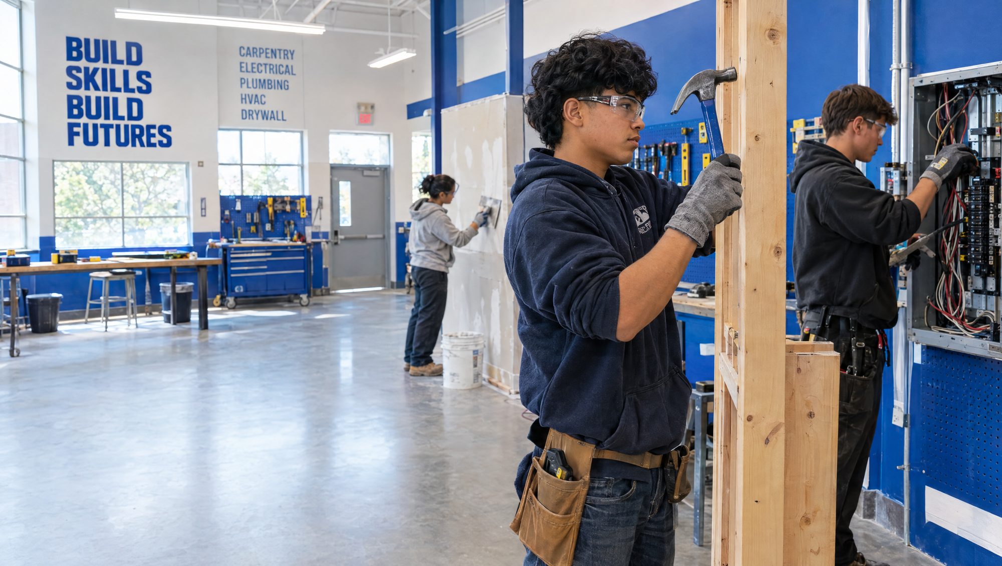 Trades Foundations students building a wall frame and working on an electrical panel in the CCH shop